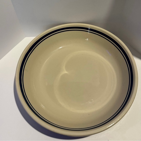 Roseville Ohio Friendship Pottery Large 13" Beige Blue Stripe Pasta Serving Bowl - Picture 3 of 6